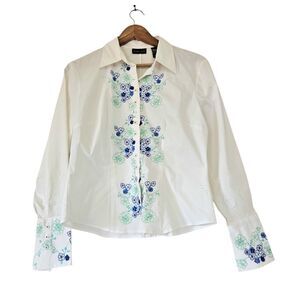 Vtg NY & Company Embroidered Floral Top Womens M Button Up Stretch Cottage Boho